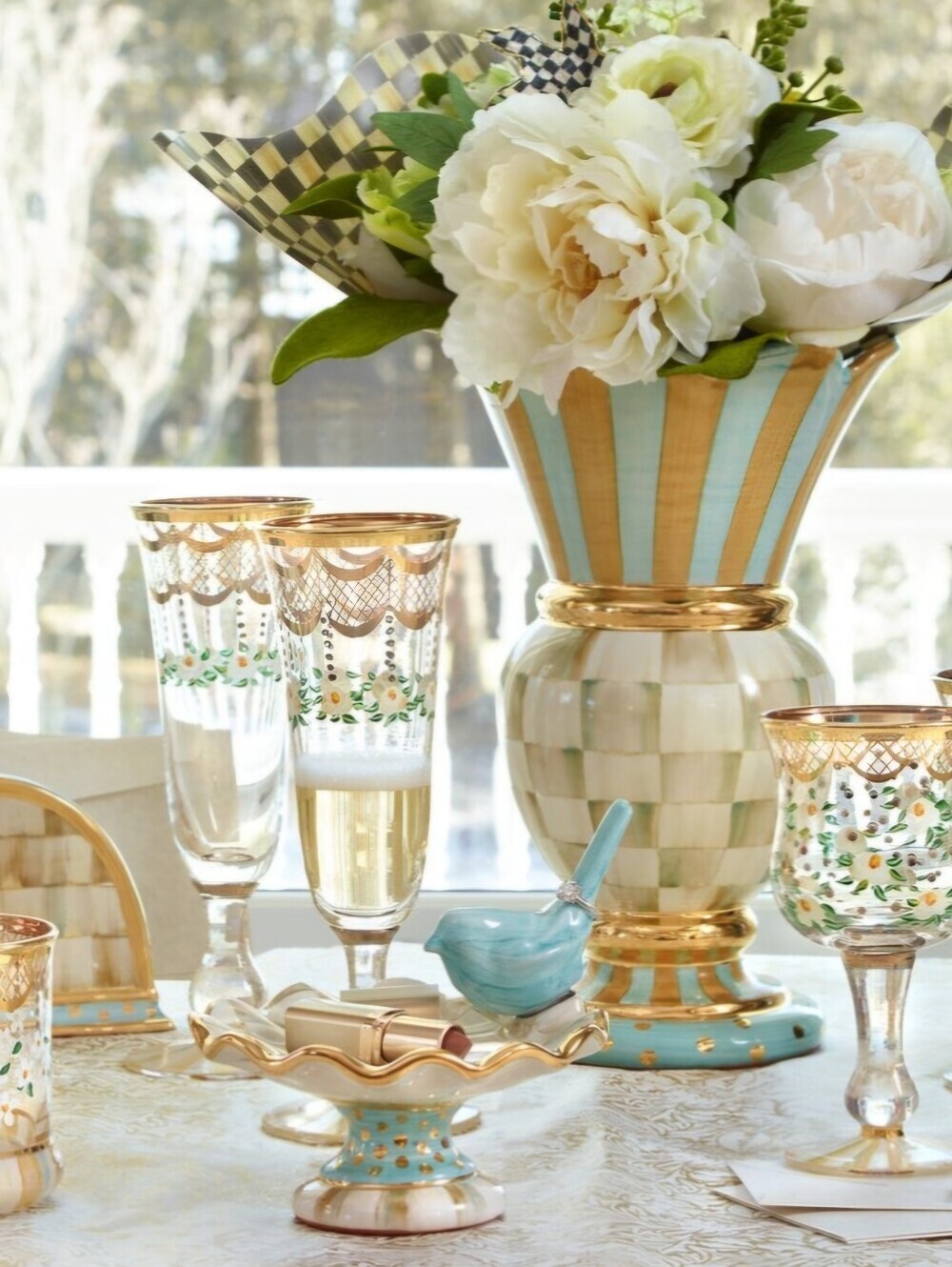 NEW! MacKenzie-Childs Turquoise & Gold Striped & Checkered Vase, Parchment Check - Picture 9 of 9